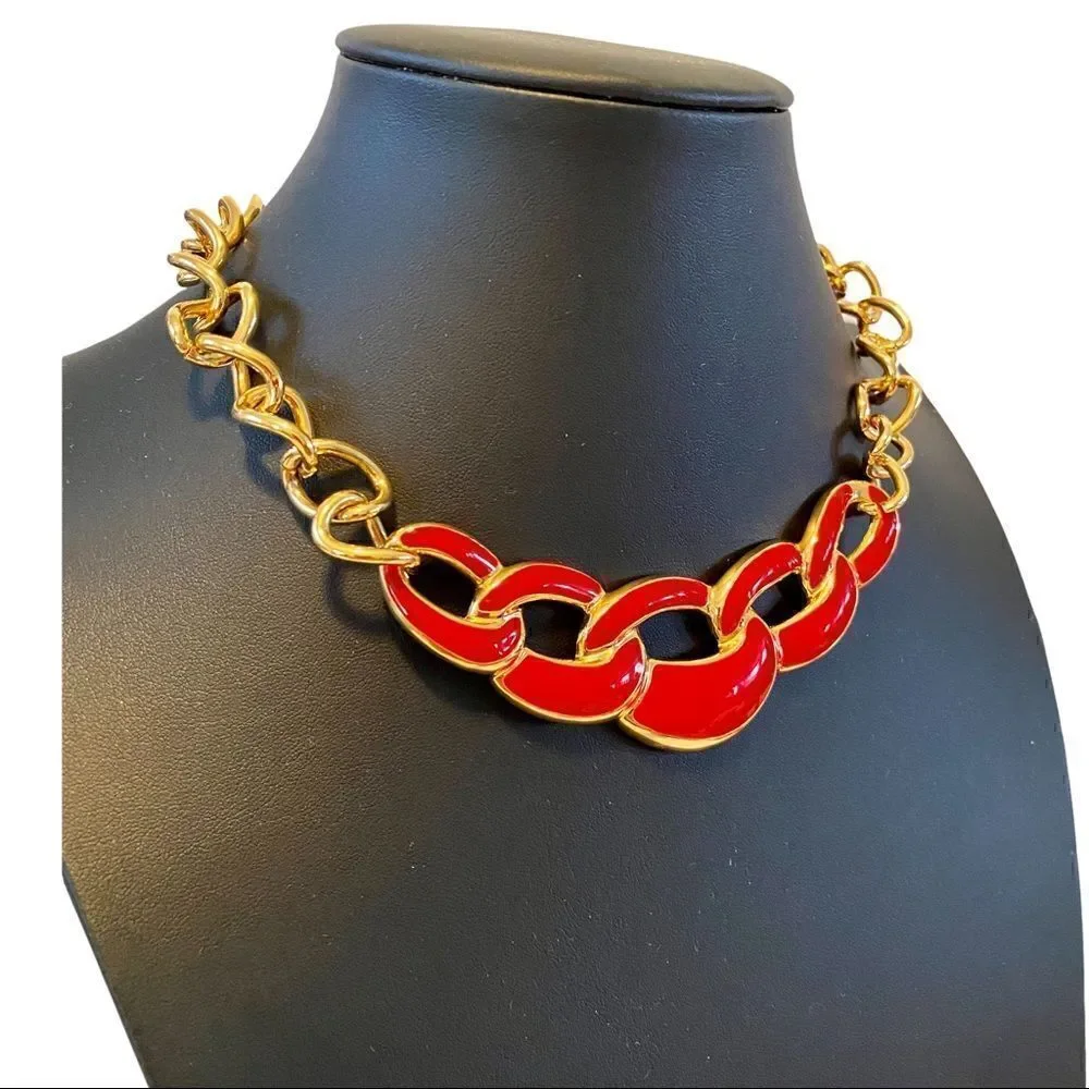 Napier Red & Gold Bar Necklace on large link chain. Gorgeous!